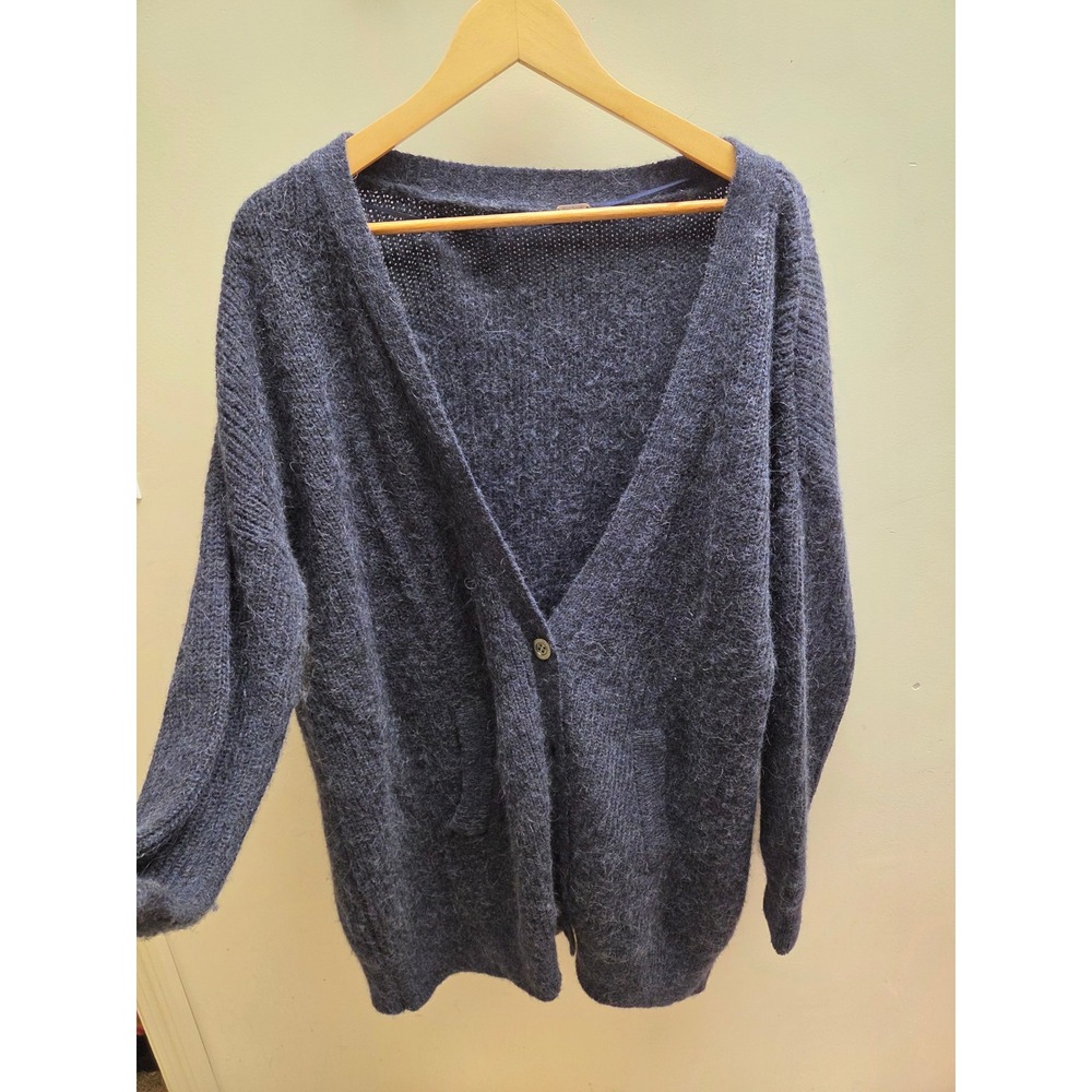 Free People Alpaca Mohair Wool Blend Oversized Cardigan Sweater Navy Blue V-Neck